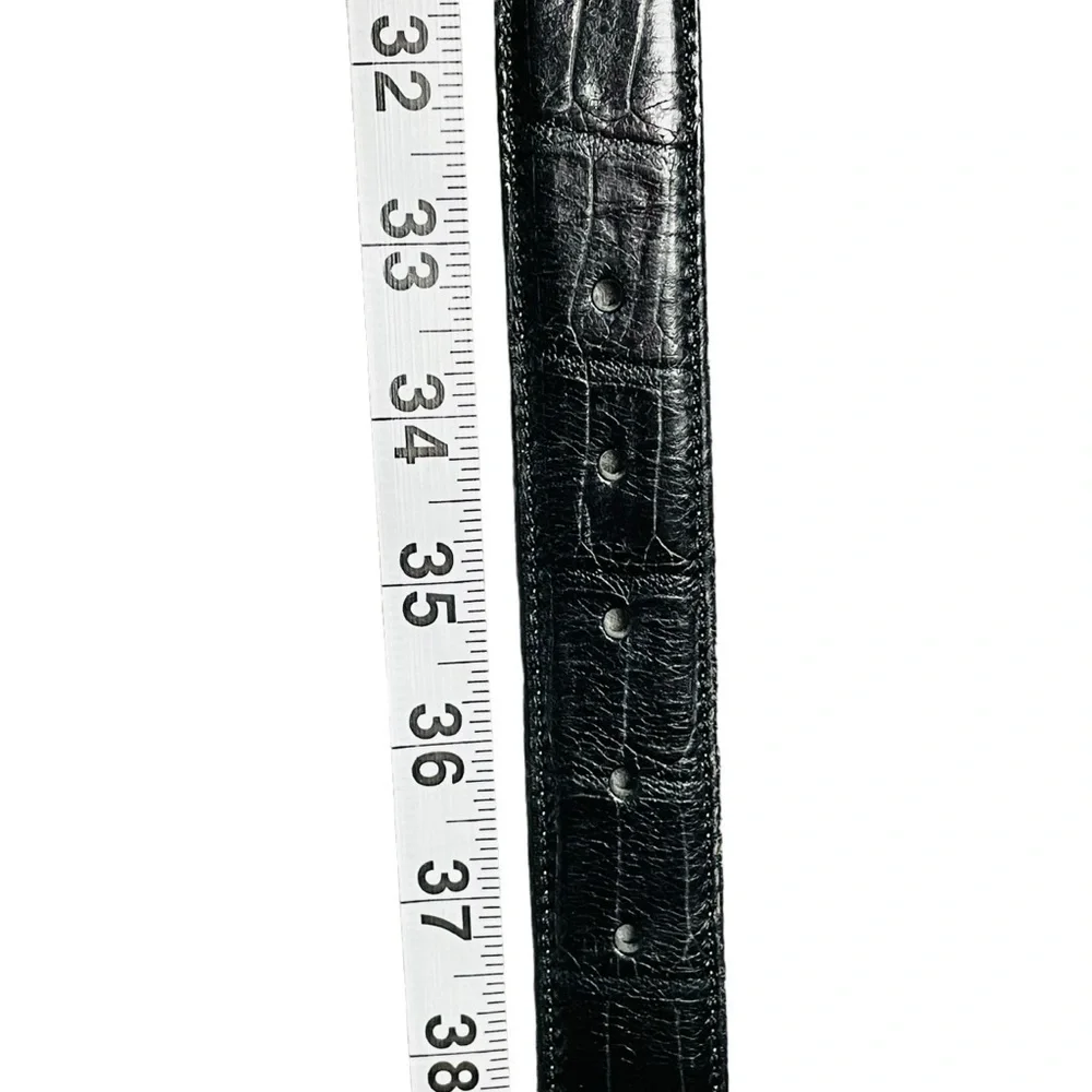 Fossil Black Croco Embossed Cowhide Belt Scrolled Silver Tone Accents/Buckle - L